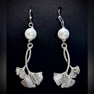 Ginkgo Leaf Earrings in Silver with White faux Pearls